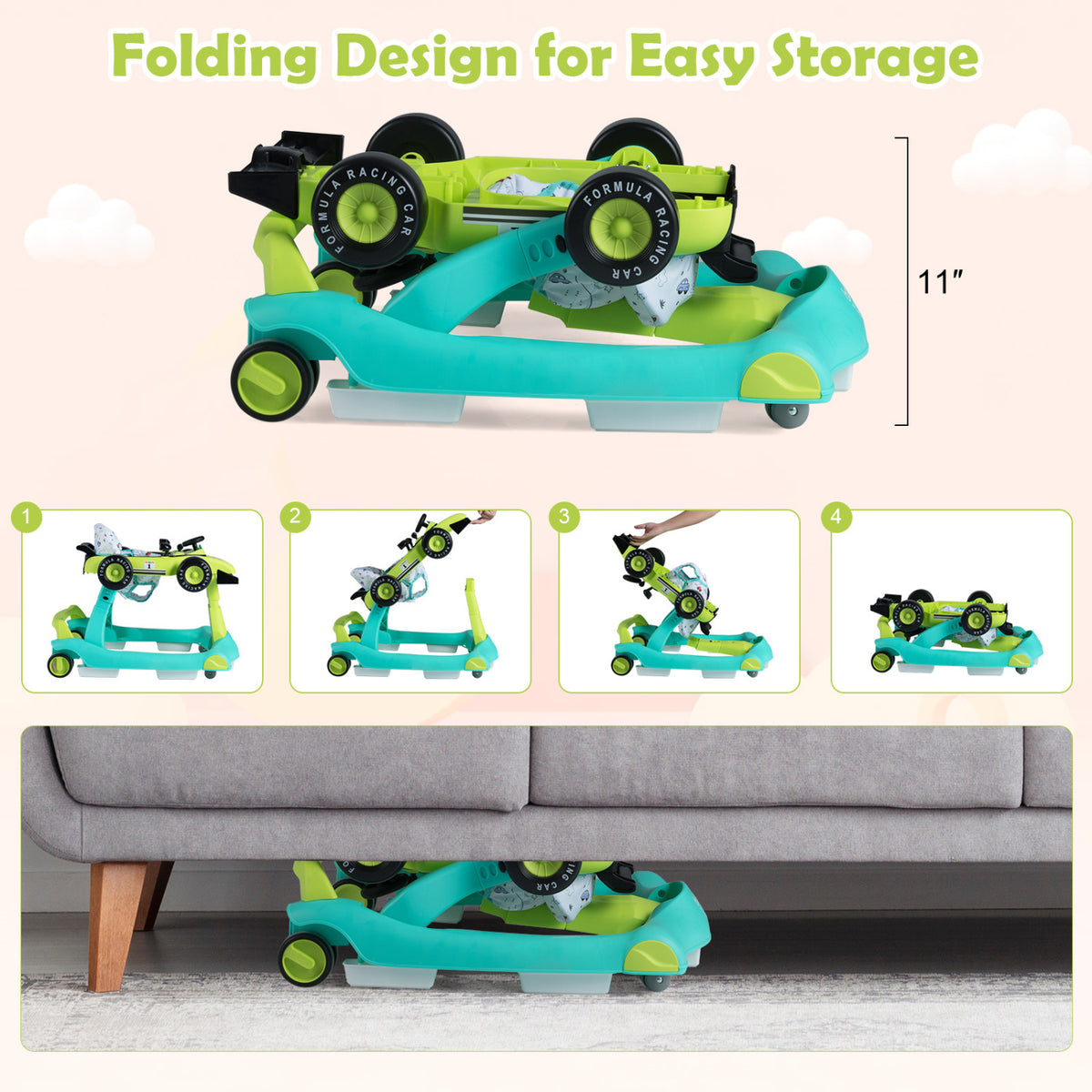 4-in-1 Foldable Activity Push Walker with Adjustable Height-Green