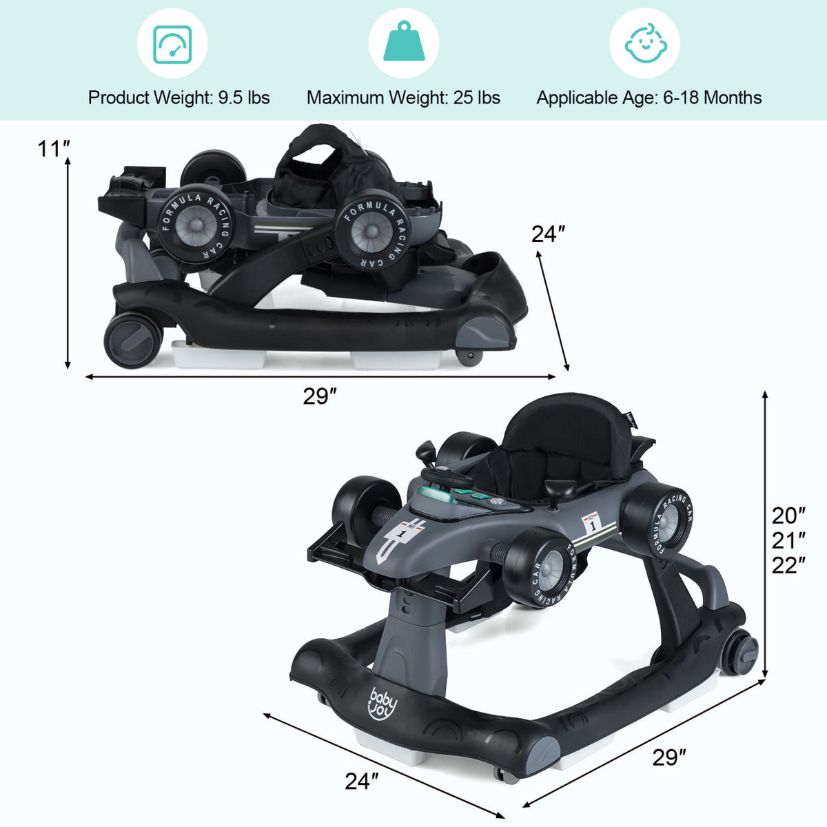 4-in-1 Foldable Activity Push Walker with Adjustable Height-Gray