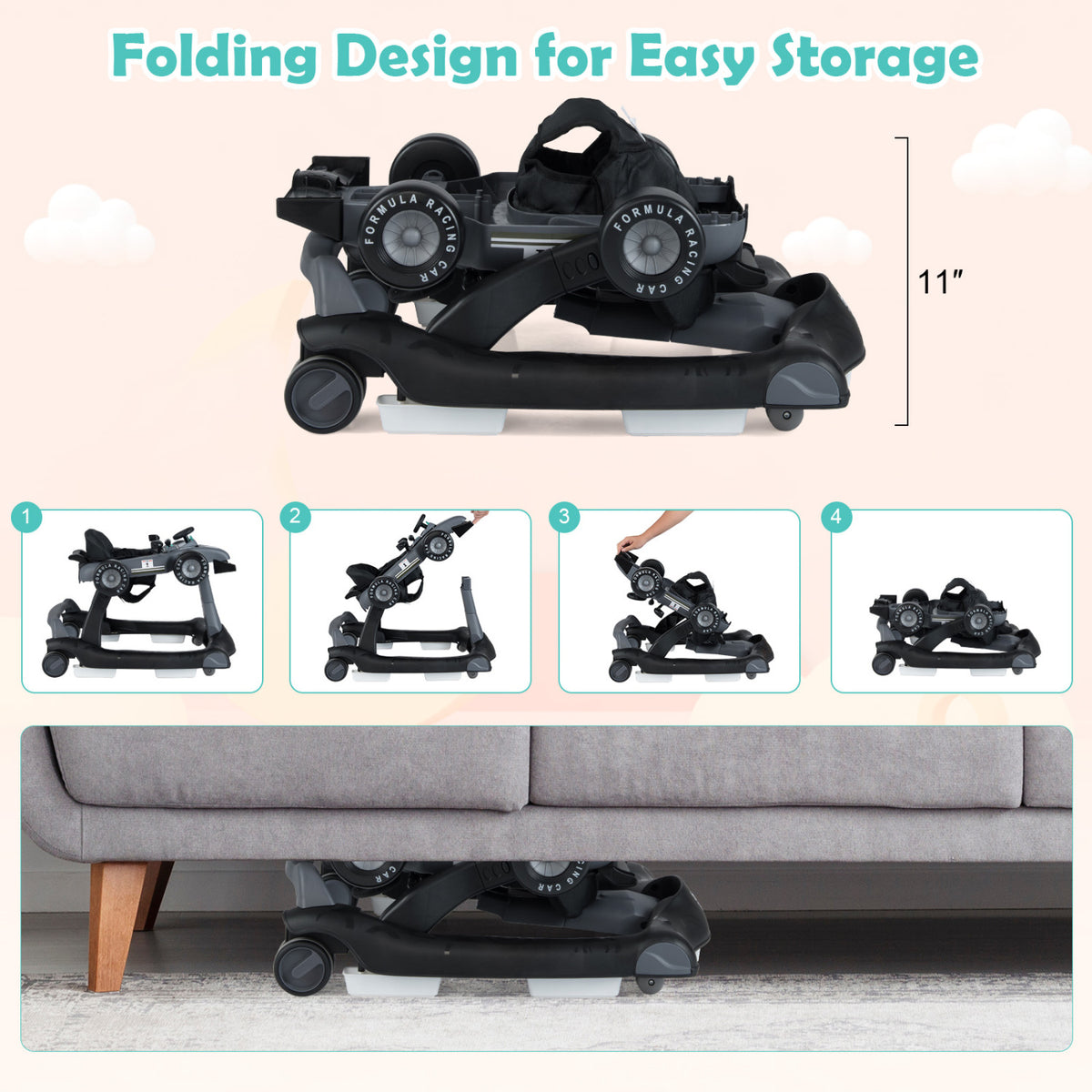 4-in-1 Foldable Activity Push Walker with Adjustable Height-Gray