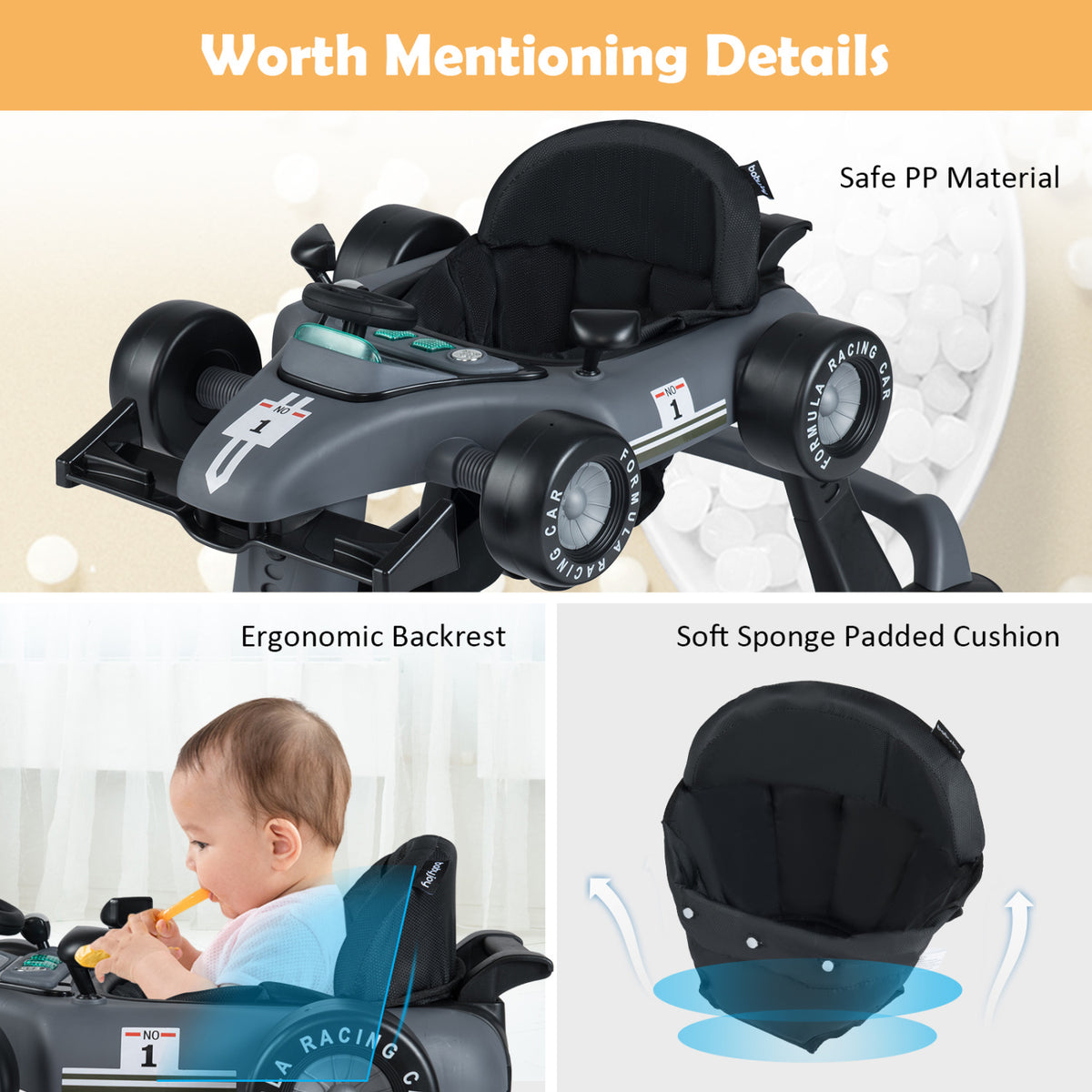 4-in-1 Foldable Activity Push Walker with Adjustable Height-Gray