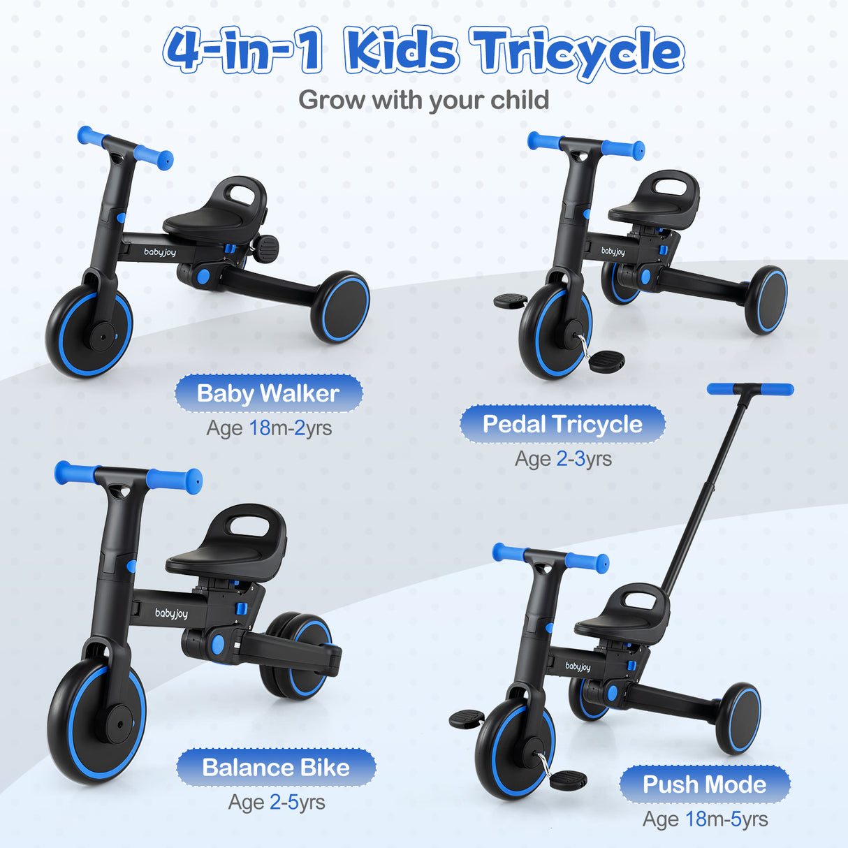 4-in-1 Foldable Toddler Tricycle with Push Handle with Adjustable Seat-Navy