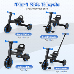4-in-1 Foldable Toddler Tricycle with Push Handle with Adjustable Seat-Navy