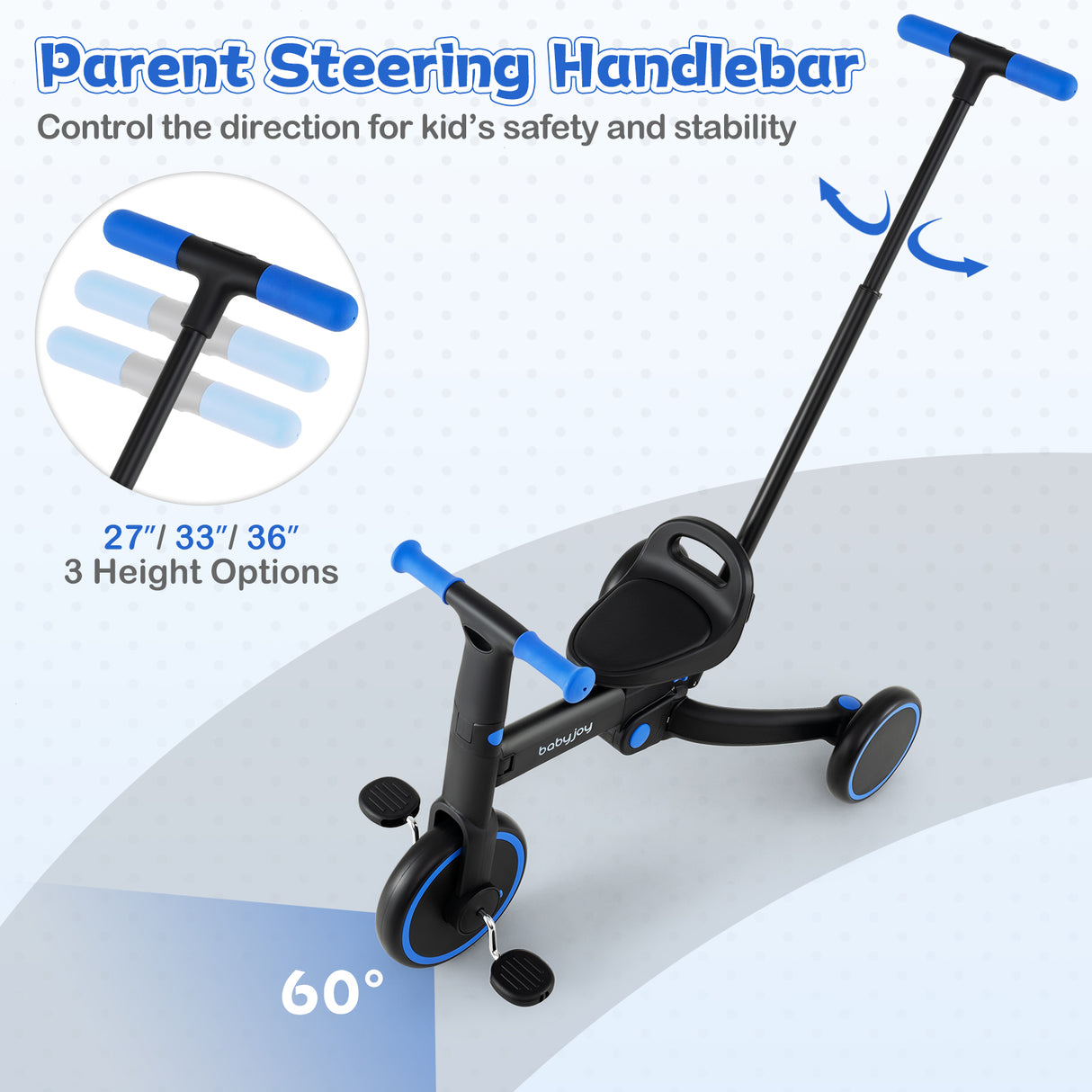 4-in-1 Foldable Toddler Tricycle with Push Handle with Adjustable Seat-Navy