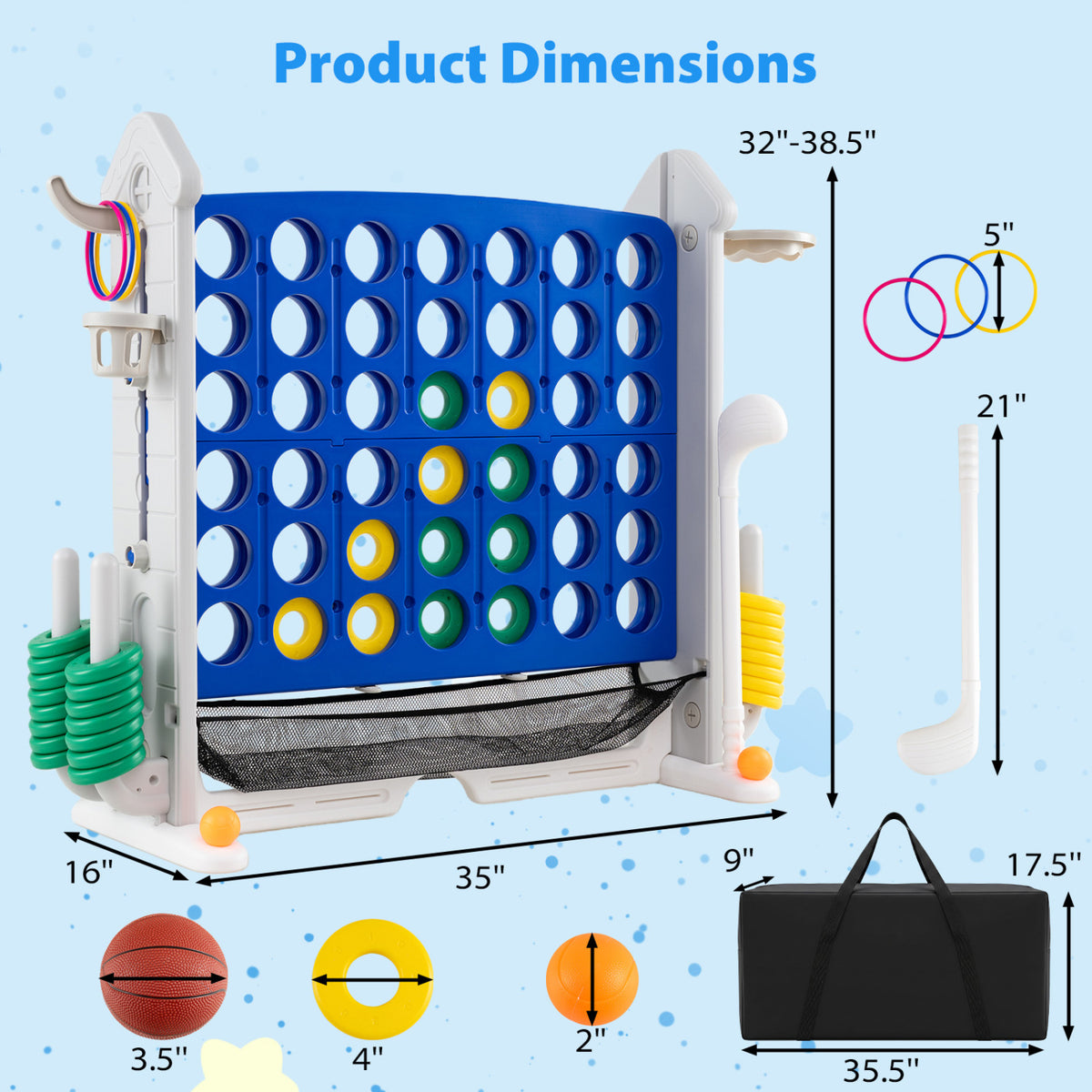 4-in-1 Height Adjustable Row Connect Game with Mesh Net and Carrying Bag-Blue