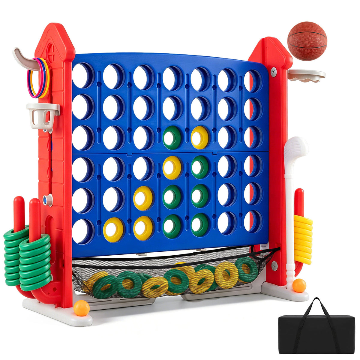 4-in-1 Height Adjustable Row Connect Game with Mesh Net and Carrying Bag-Red