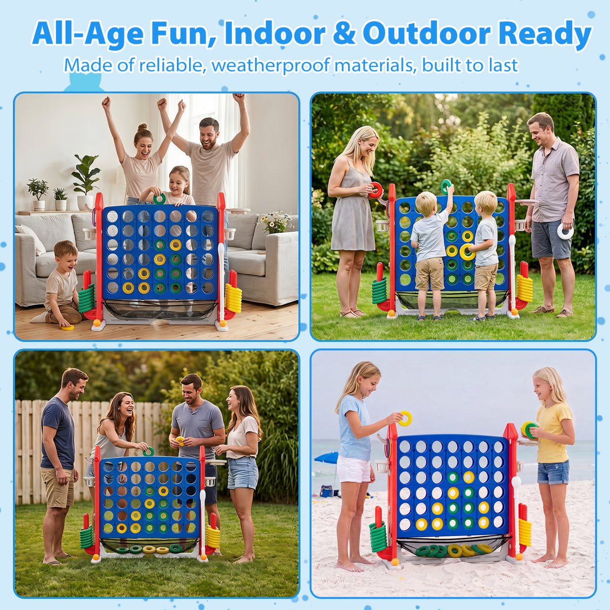 4-in-1 Height Adjustable Row Connect Game with Mesh Net and Carrying Bag-Red
