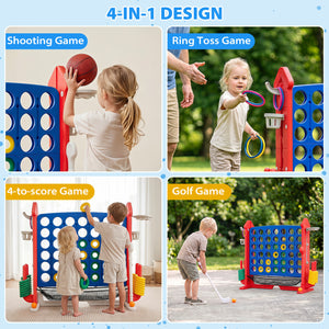 4-in-1 Height Adjustable Row Connect Game with Mesh Net and Carrying Bag-Red