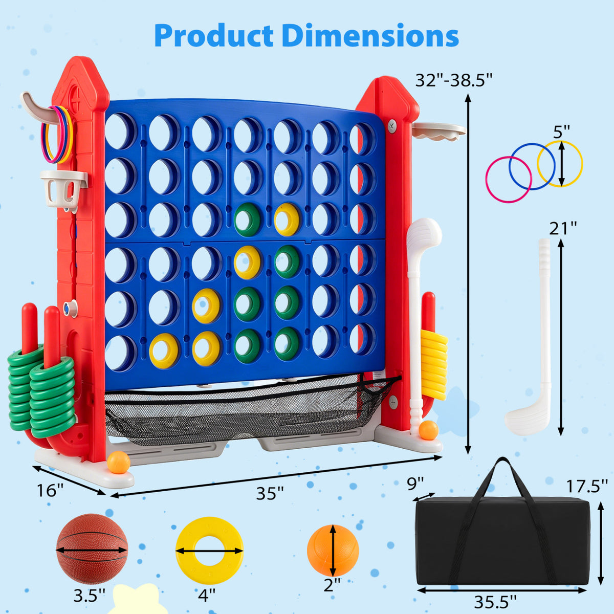 4-in-1 Height Adjustable Row Connect Game with Mesh Net and Carrying Bag-Red