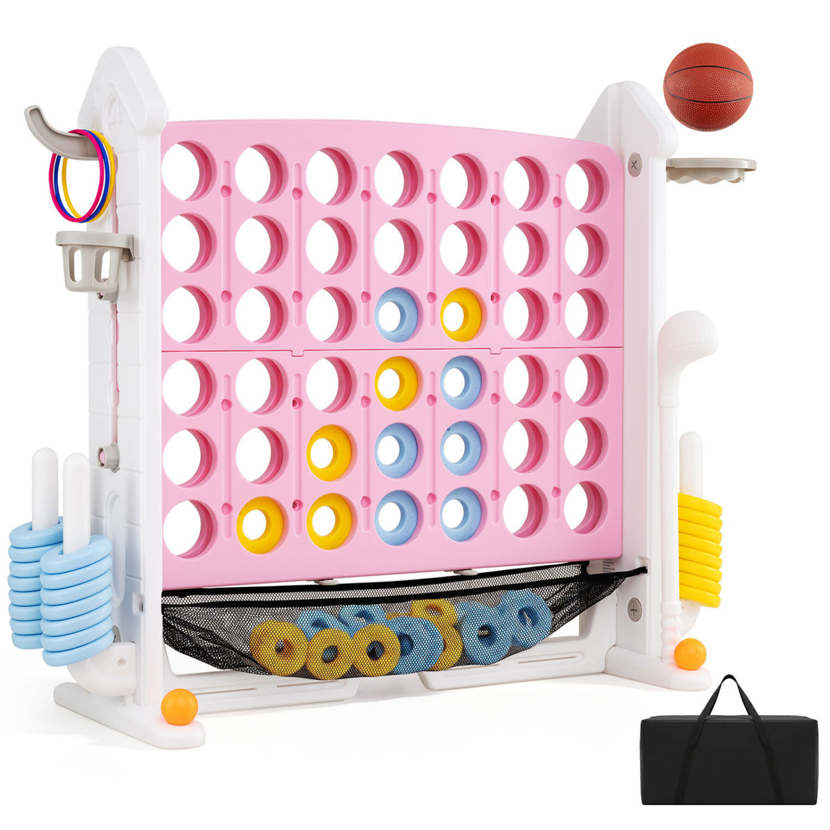 4-in-1 Height Adjustable Row Connect Game with Mesh Net and Carrying Bag-Pink