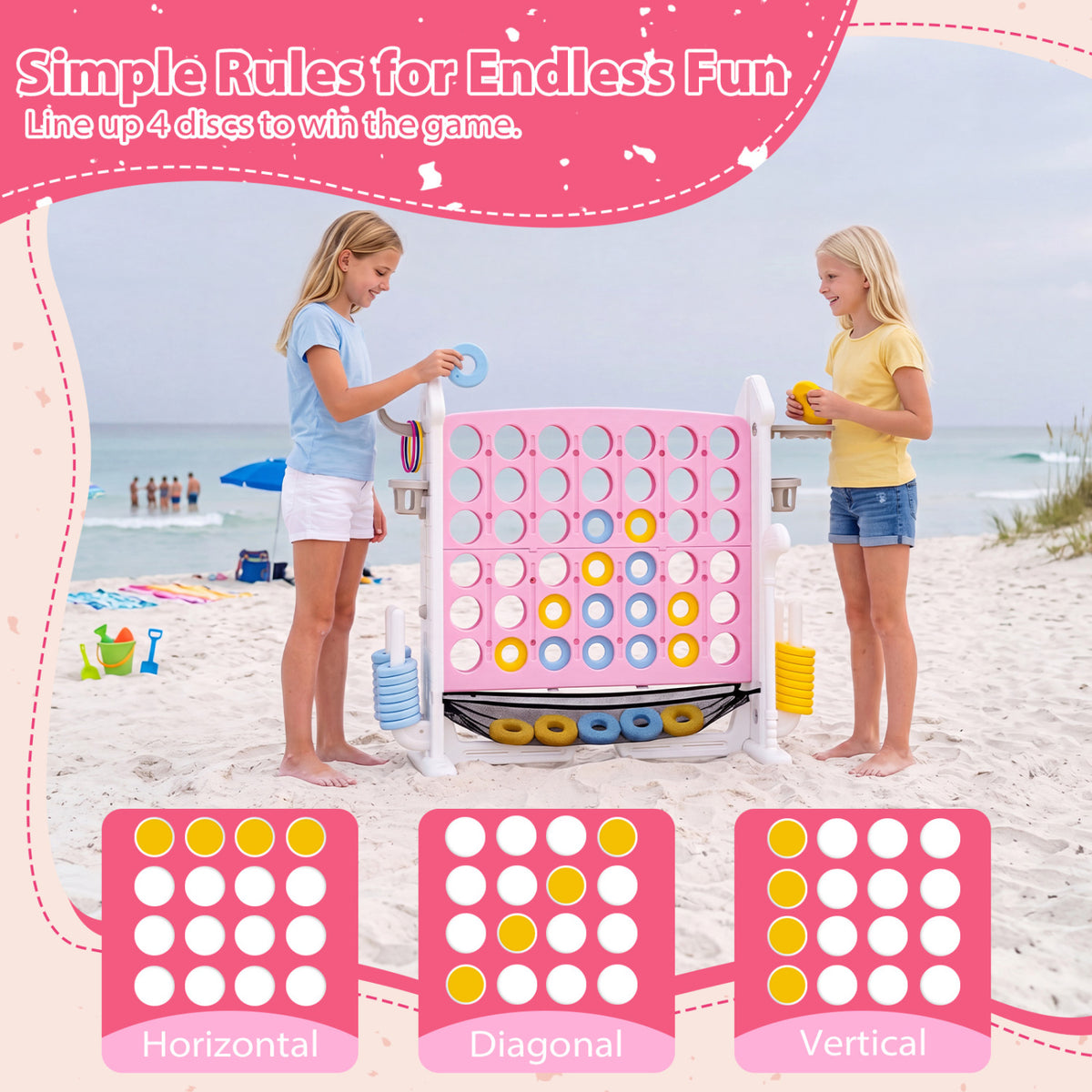 4-in-1 Height Adjustable Row Connect Game with Mesh Net and Carrying Bag-Pink