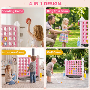 4-in-1 Height Adjustable Row Connect Game with Mesh Net and Carrying Bag-Pink