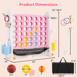 4-in-1 Height Adjustable Row Connect Game with Mesh Net and Carrying Bag-Pink