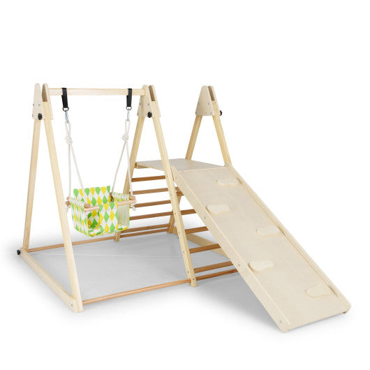 4-in-1 Indoor Jungle Gym with Baby Swing and Climbing Ramp-Natural