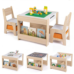 4 in 1 Kids Table and Chairs with Building Blocks and Bookshelves-Natural