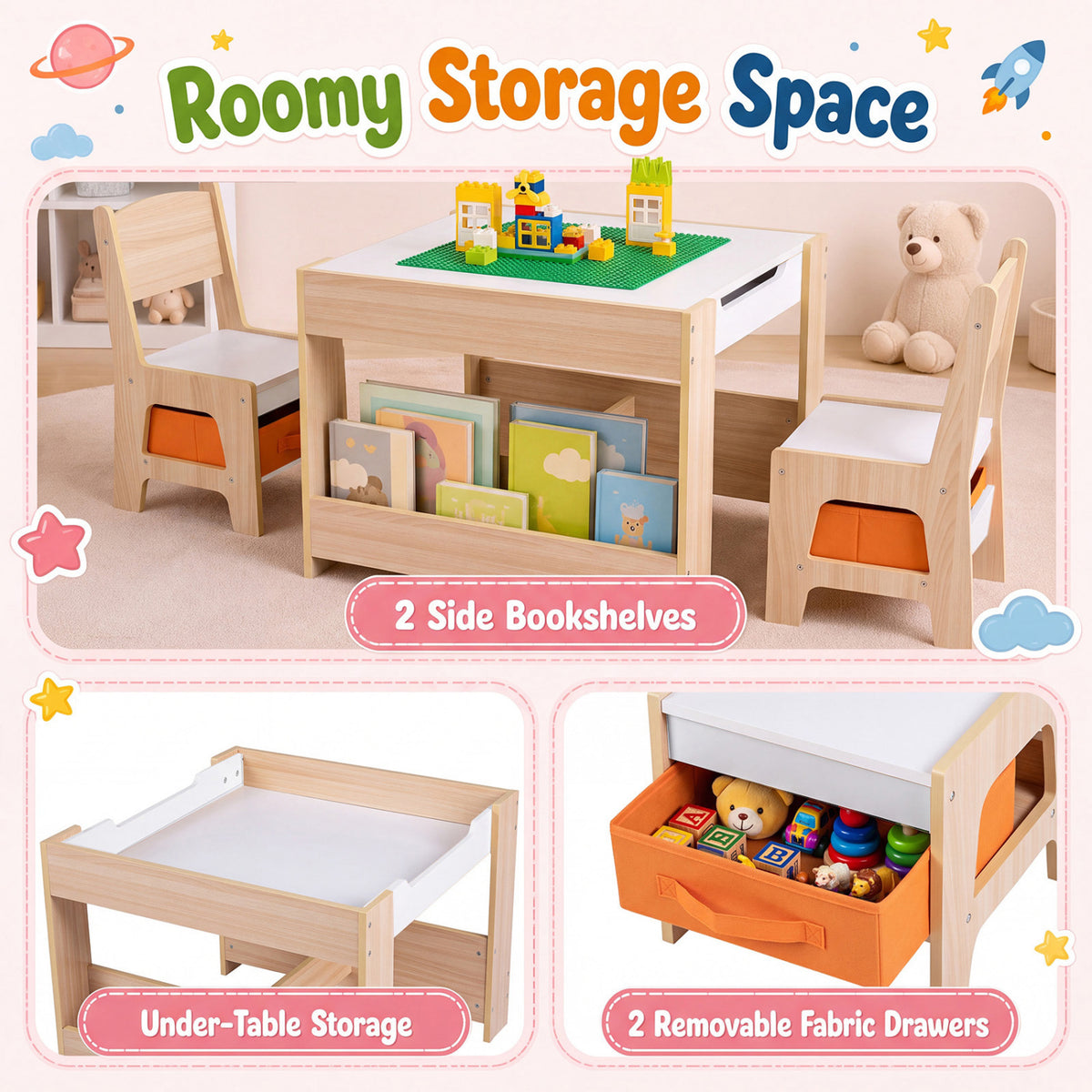 4 in 1 Kids Table and Chairs with Building Blocks and Bookshelves-Natural