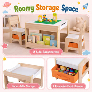 4 in 1 Kids Table and Chairs with Building Blocks and Bookshelves-Natural