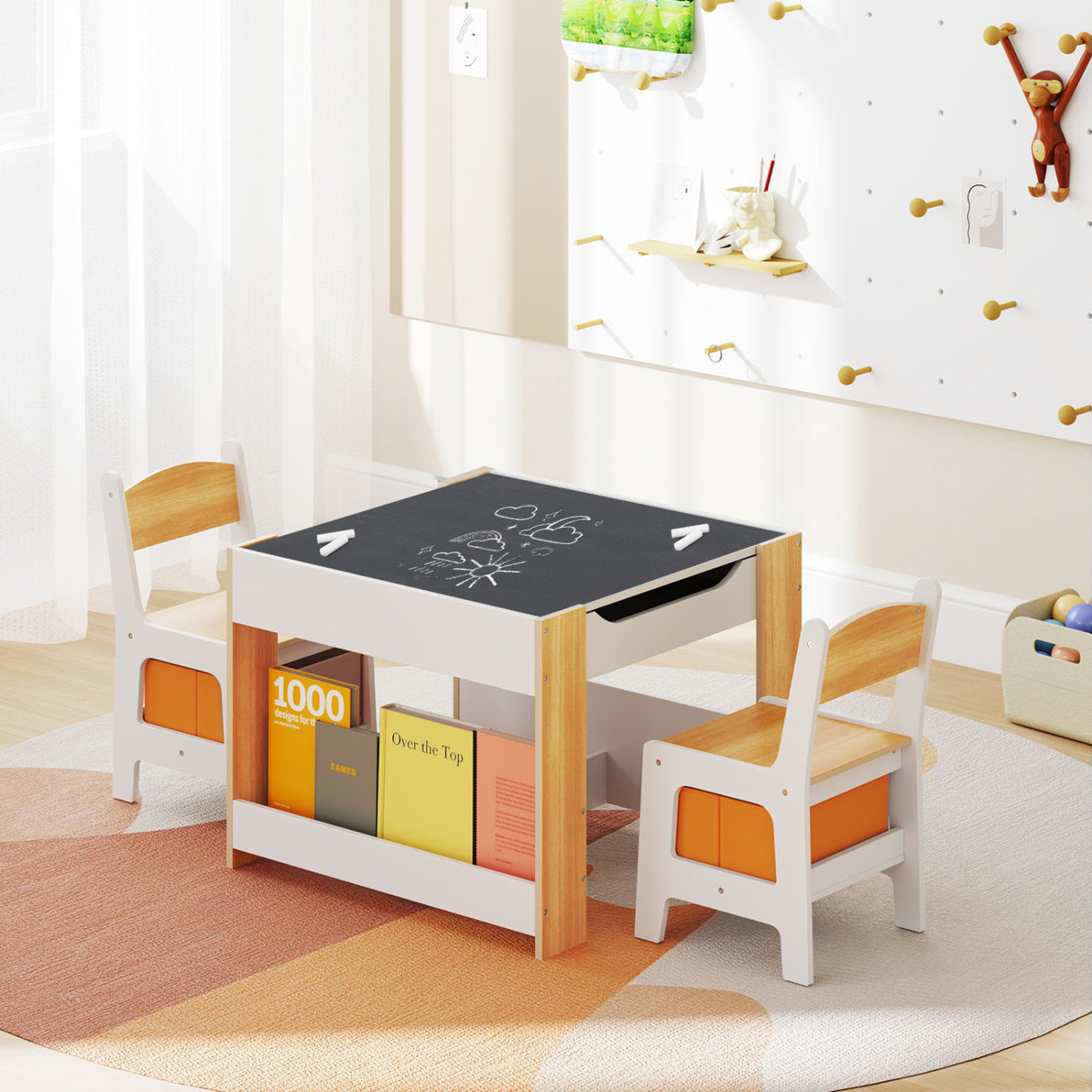 4 in 1 Kids Toddler Activity Table and Chairs Set with Reversible Tabletop-Natural