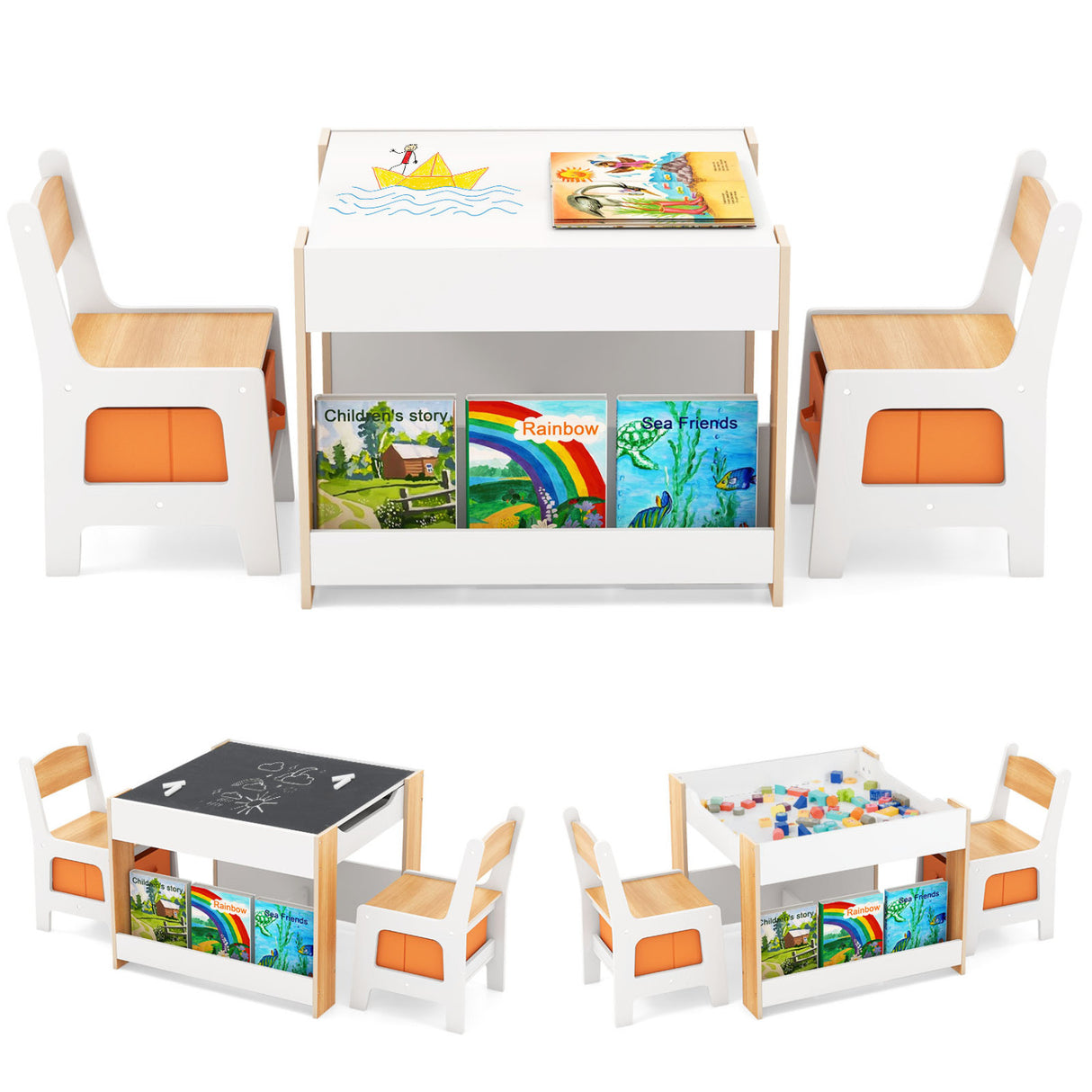 4 in 1 Kids Toddler Activity Table and Chairs Set with Reversible Tabletop-Natural