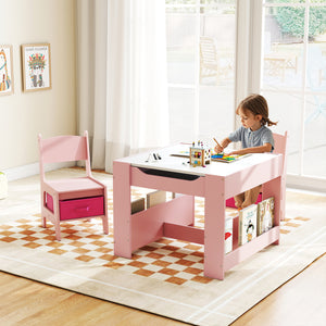 4 in 1 Kids Toddler Activity Table and Chairs Set with Reversible Tabletop-Pink