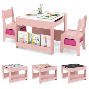 4 in 1 Kids Toddler Activity Table and Chairs Set with Reversible Tabletop-Pink