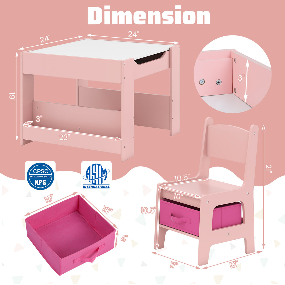 4 in 1 Kids Toddler Activity Table and Chairs Set with Reversible Tabletop-Pink