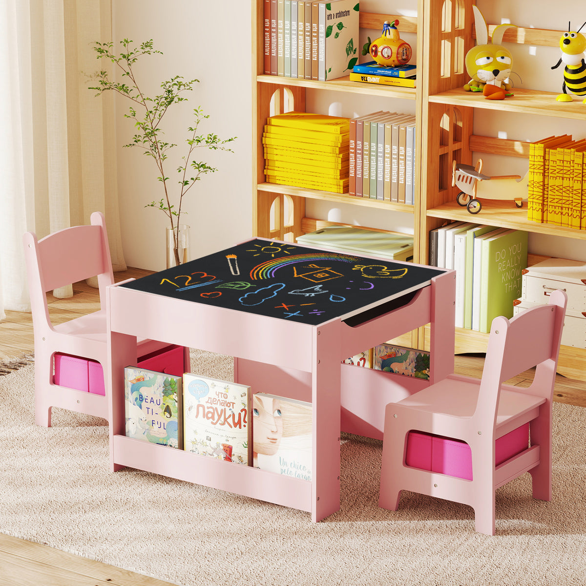 4 in 1 Kids Toddler Activity Table and Chairs Set with Reversible Tabletop-Pink