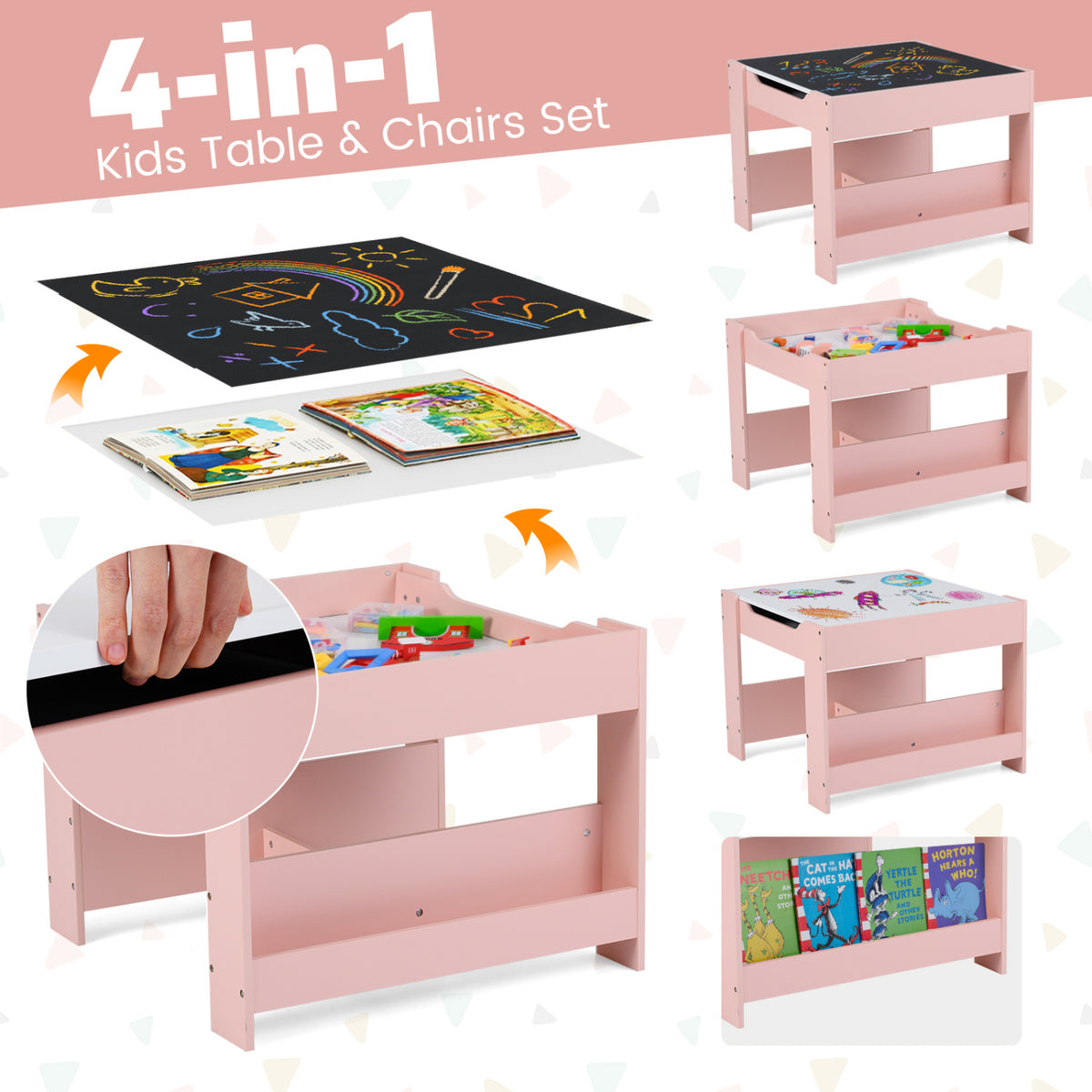 4 in 1 Kids Toddler Activity Table and Chairs Set with Reversible Tabletop-Pink