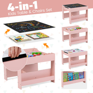 4 in 1 Kids Toddler Activity Table and Chairs Set with Reversible Tabletop-Pink