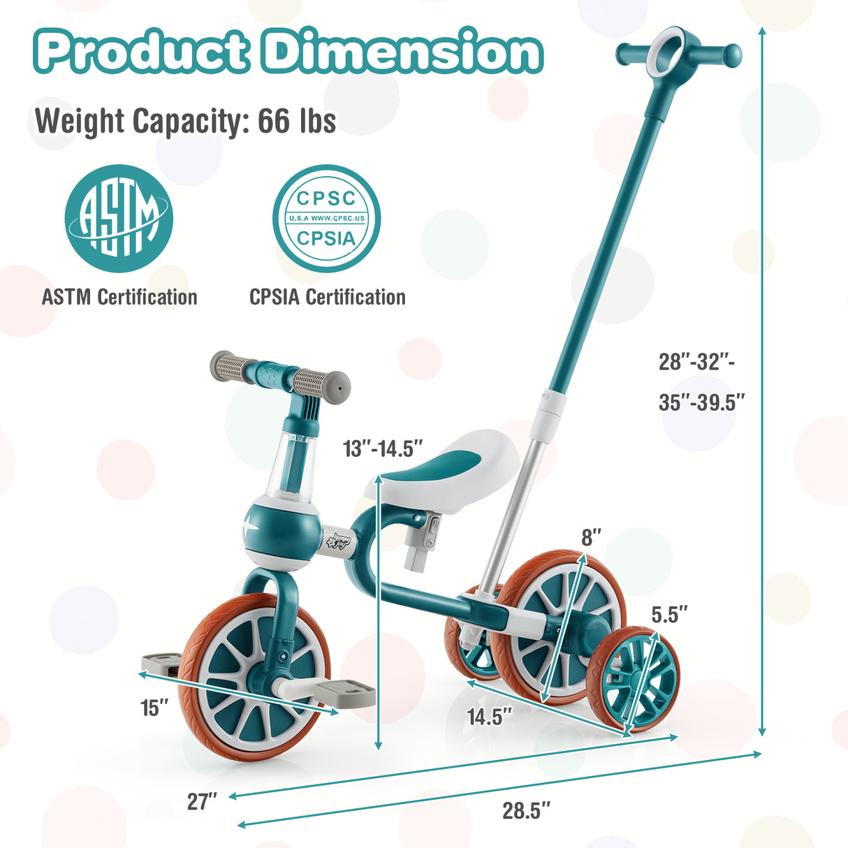 4-in-1 Kids Tricycle with Adjustable Parent Push Handle for 2-4 Years Old-Green