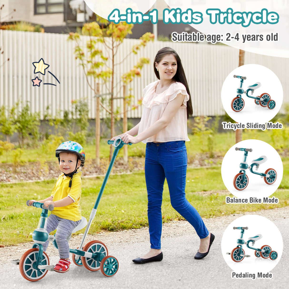 4-in-1 Kids Tricycle with Adjustable Parent Push Handle for 2-4 Years Old-Green
