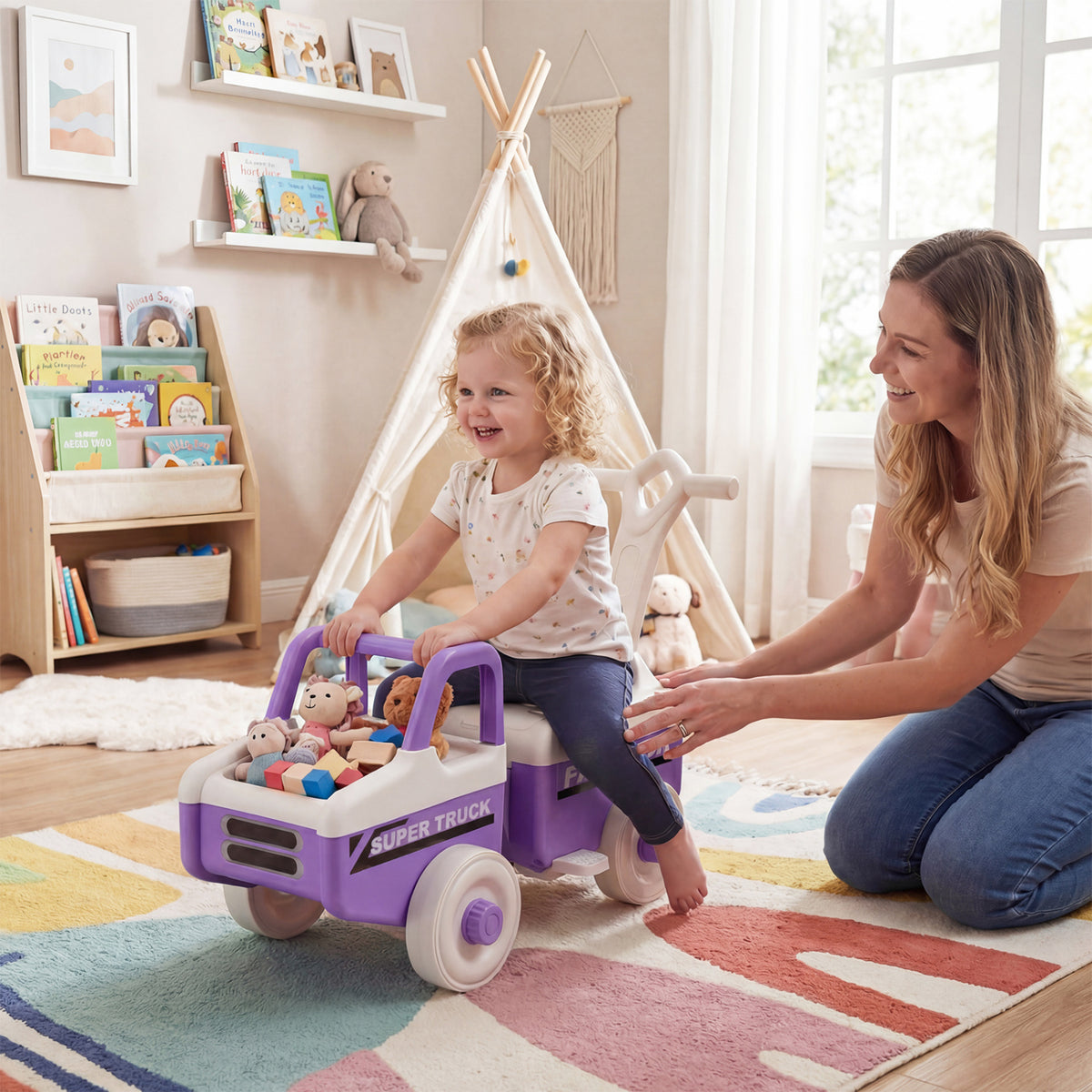 4 in 1 Ride on Push Car with Music and Under-Seat Storage for Boys Girls-Purple