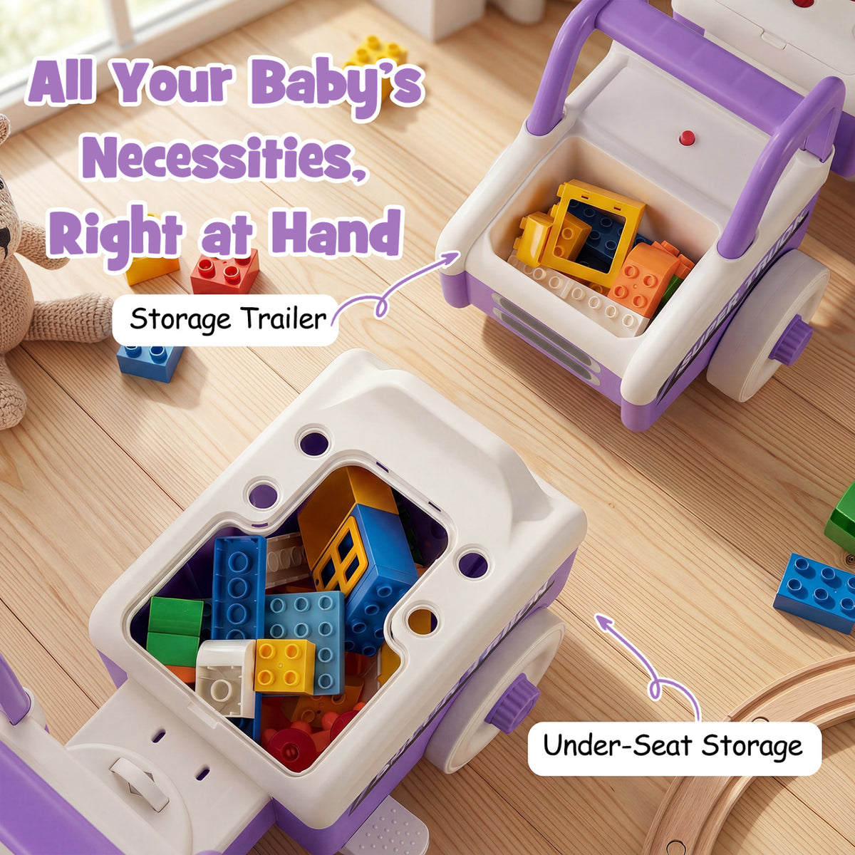 4 in 1 Ride on Push Car with Music and Under-Seat Storage for Boys Girls-Purple