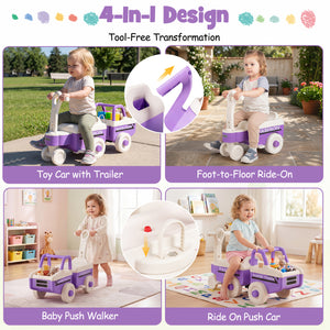 4 in 1 Ride on Push Car with Music and Under-Seat Storage for Boys Girls-Purple