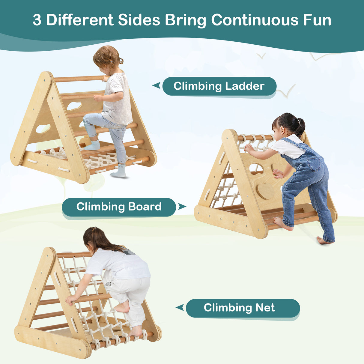 Patented 4 in 1 Triangle Climber Toy with Sliding Board and Climbing Net-Natural