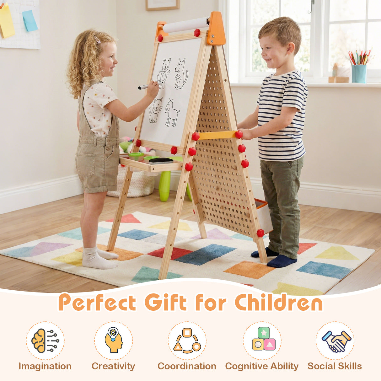 4-in-1 Wooden Kids Art Easel Double-Sided Foldable with Paper Roll and Storage Tray