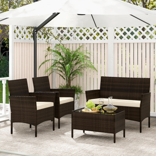 4 Piece Patio Rattan Conversation Set with Cozy Seat Cushions-Beige