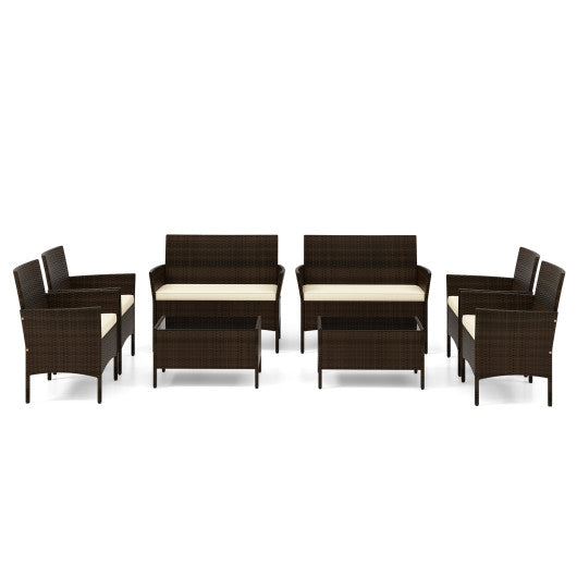 4 Piece Patio Rattan Conversation Set with Cozy Seat Cushions-Beige