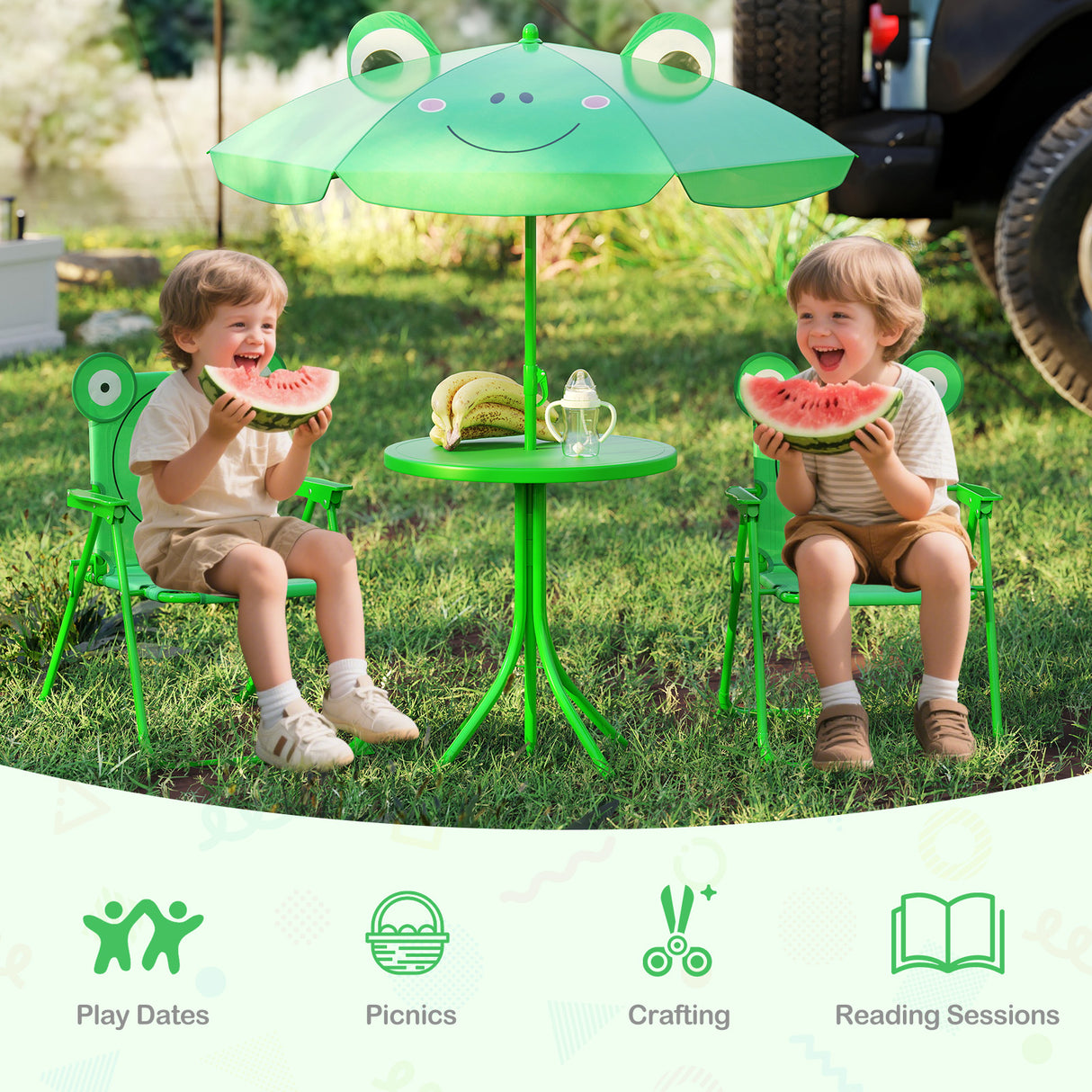 4 Pieces Kids Picnic Set with 2 Folding Chairs and Height Adjustable Umbrella-Green