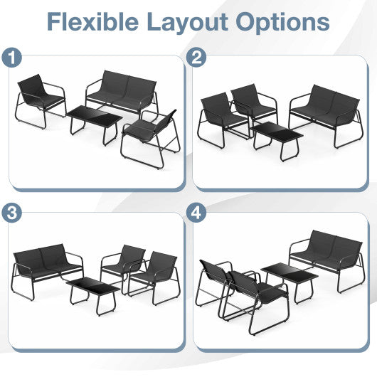 4 Pieces Patio Furniture Set Fabric Lawn Chairs and Loveseat with Glass Coffee Table