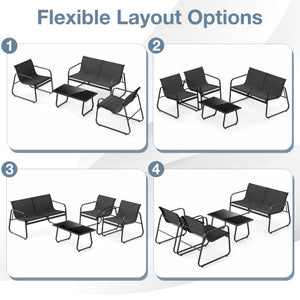 4 Pieces Patio Furniture Set Fabric Lawn Chairs and Loveseat with Glass Coffee Table
