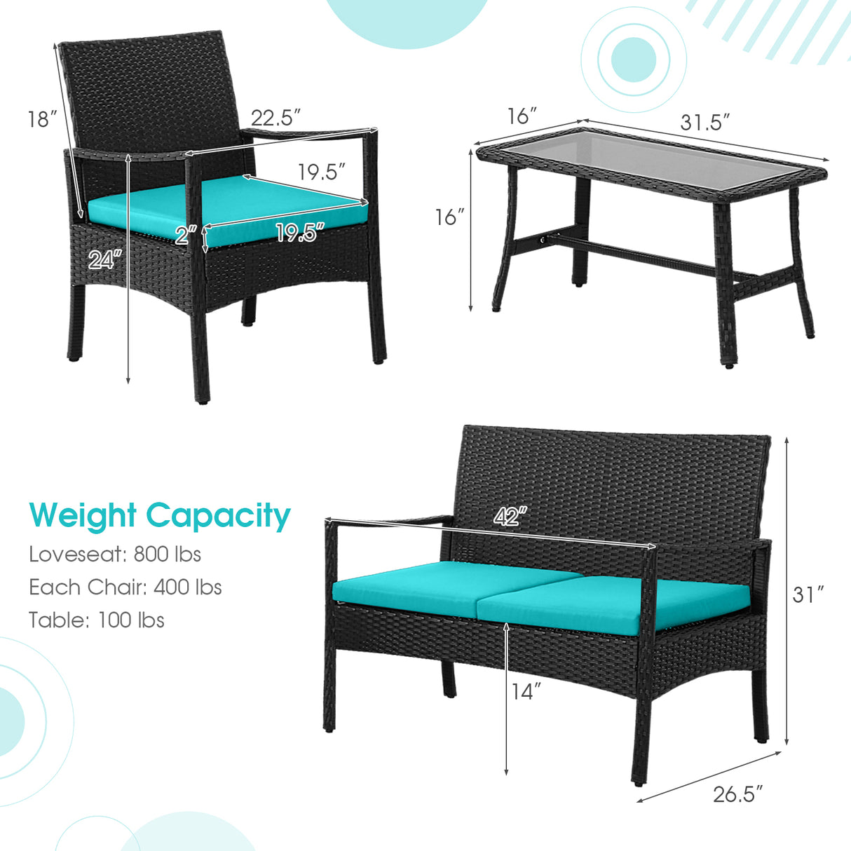 4 Pieces Rattan Conversation Set with Tempered Glass Coffee Table-Turquoise