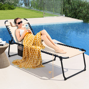 4 Position Folding Lounge Chaise with Adjustable Backrest and Footrest-Beige