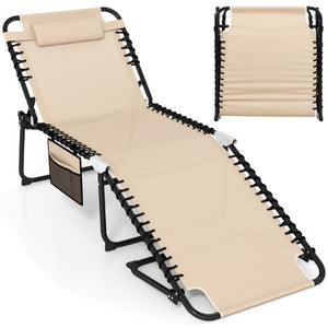 4 Position Folding Lounge Chaise with Adjustable Backrest and Footrest-Beige