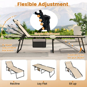 4 Position Folding Lounge Chaise with Adjustable Backrest and Footrest-Beige