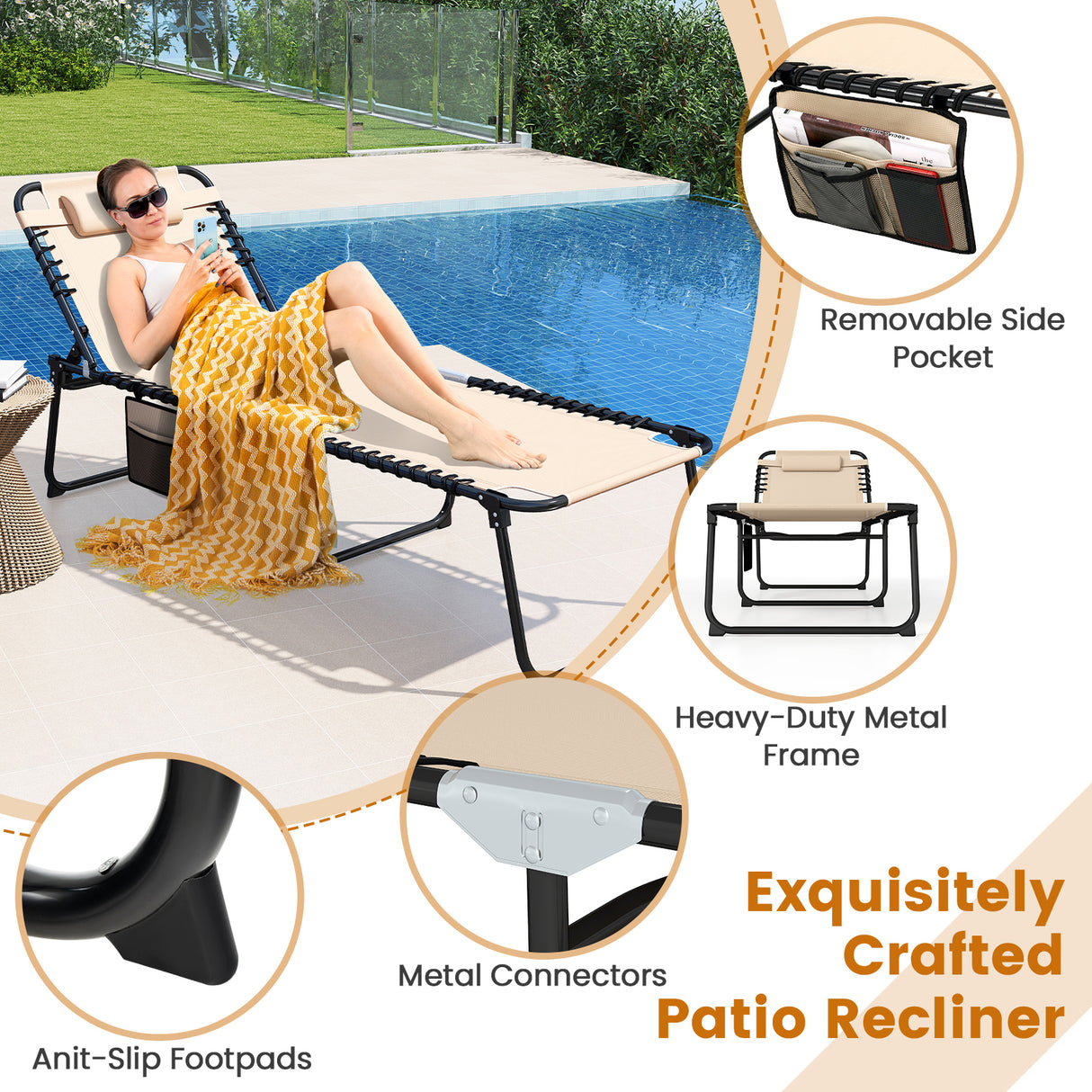 4 Position Folding Lounge Chaise with Adjustable Backrest and Footrest-Beige