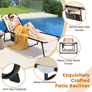 4 Position Folding Lounge Chaise with Adjustable Backrest and Footrest-Beige