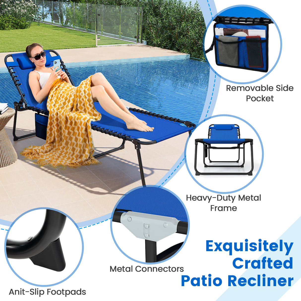 4 Position Folding Lounge Chaise with Adjustable Backrest and Footrest-Navy