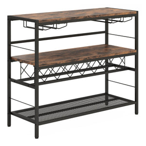 41 Inch 4-Tier Bar Table with Wine Rack and 4 Rows of Glass Holders-Rustic Brown
