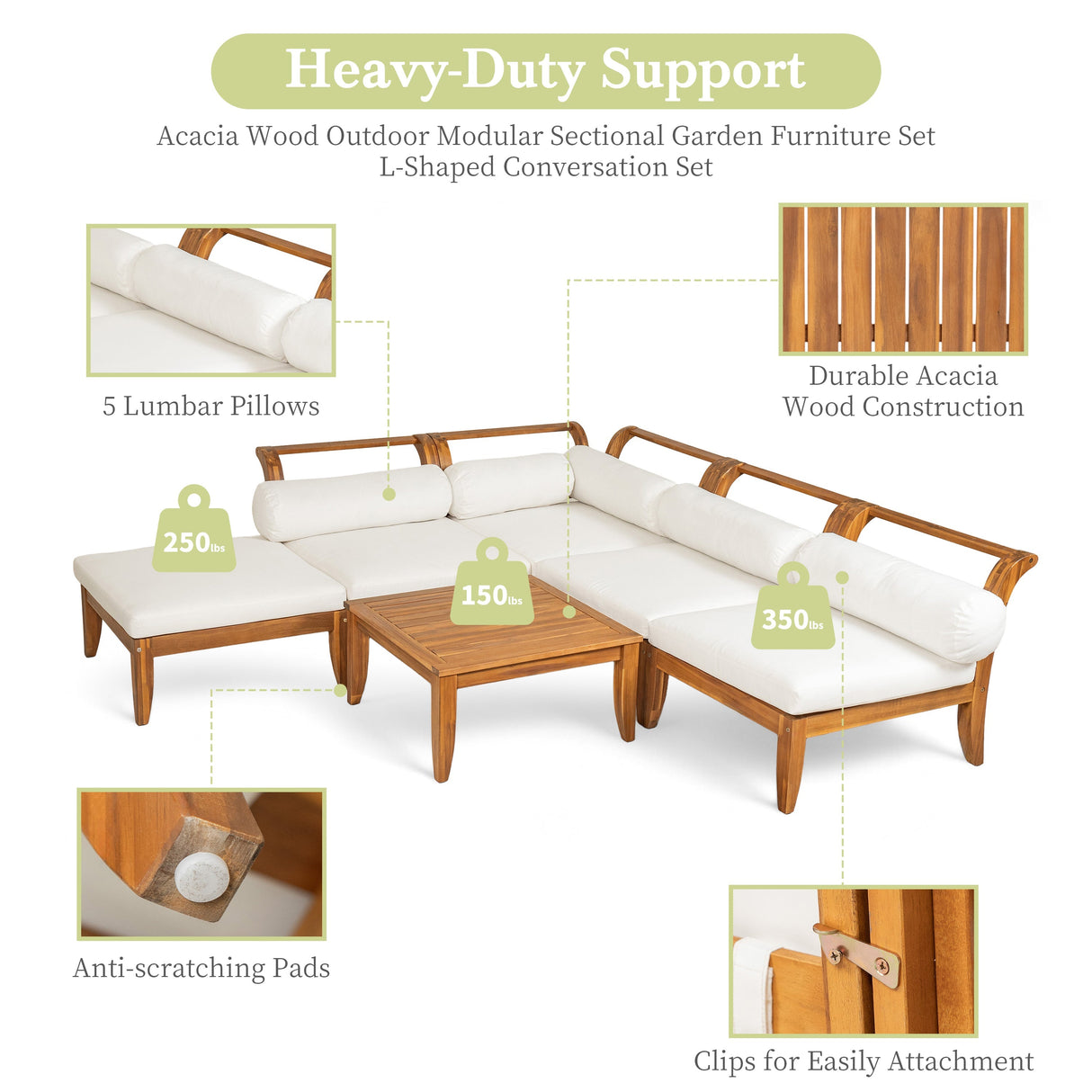 6 Piece Acacia Wood Outdoor Modular Sectional with Daybed and Tea Table