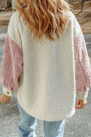 Women Cute Sherpa Jacket with Button Closure and Collared Neck in Elegant Retro Style